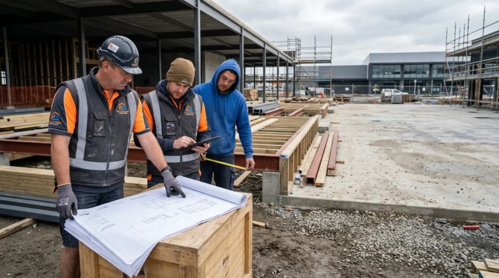 hree deck builders reviewing architectural blueprints and measuring lumber on a wooden deck construction site in Lower Hutt.