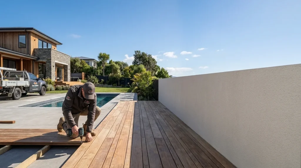 A construction worker using a power drill to install wooden patio decking beside a residential swimming pool and modern home in Lower Hutt.