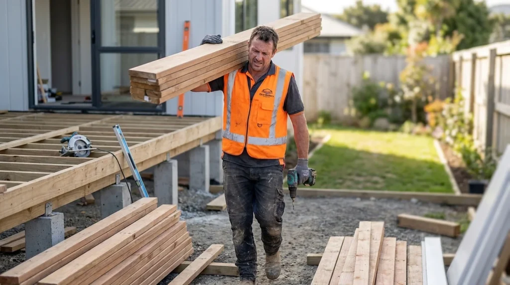 A construction worker wearing a high-vis vest carrying timber planks and a drill during deck construction on a residential property in Lower Hutt.
