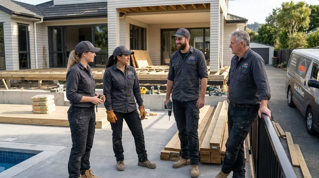Four professional deck builders standing together on a residential job site featuring a newly built deck and a swimming pool in Lower Hutt.
